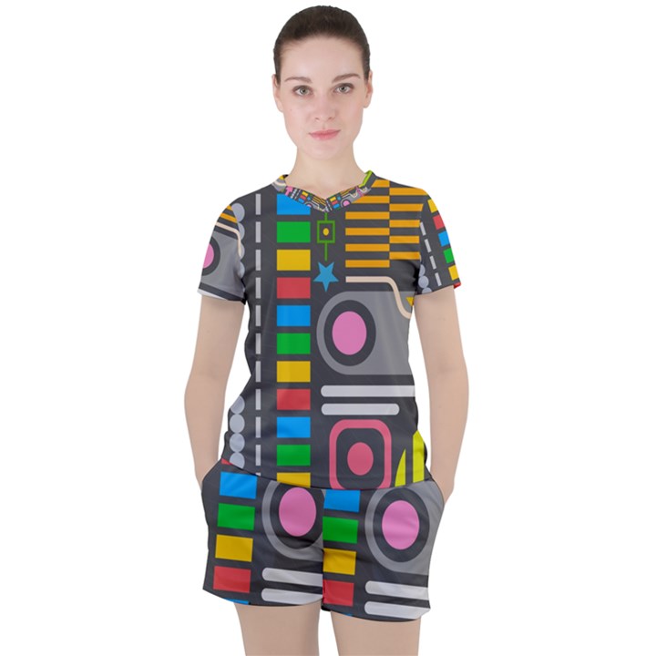 Pattern Geometric Abstract Colorful Arrows Lines Circles Triangles Women s Tee and Shorts Set