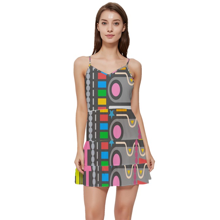 Pattern Geometric Abstract Colorful Arrows Lines Circles Triangles Short Frill Dress