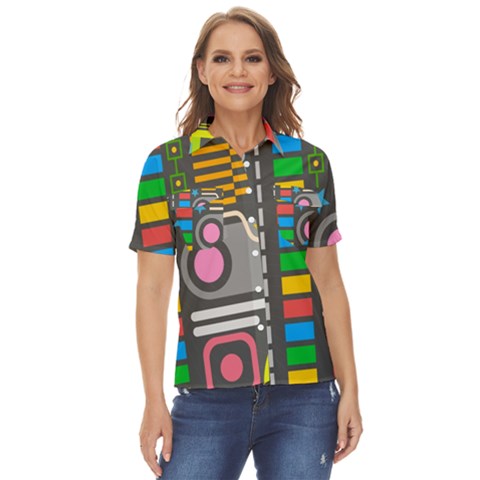 Pattern Geometric Abstract Colorful Arrows Lines Circles Triangles Women s Short Sleeve Double Pocket Shirt by Bangk1t