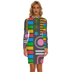 Pattern Geometric Abstract Colorful Arrows Lines Circles Triangles Long Sleeve Shirt Collar Bodycon Dress by Bangk1t