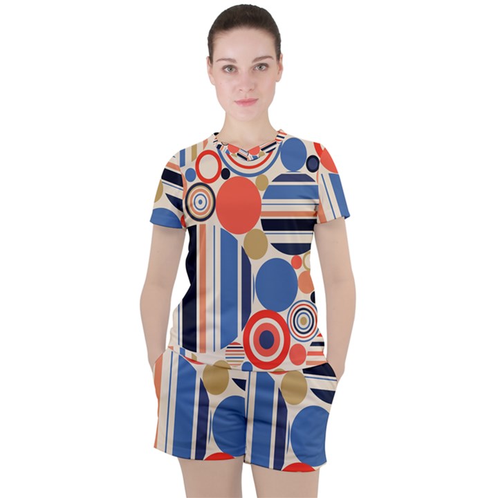 Geometric Abstract Pattern Colorful Flat Circles Decoration Women s Tee and Shorts Set