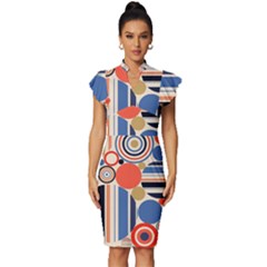 Geometric Abstract Pattern Colorful Flat Circles Decoration Vintage Frill Sleeve V-neck Bodycon Dress by Bangk1t