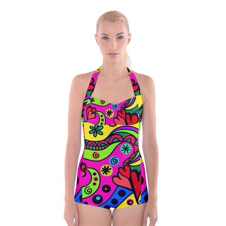 Seamless Doodle Boyleg Halter Swimsuit 