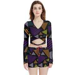 Abstract Pattern Design Various Striped Triangles Decoration Velvet Wrap Crop Top And Shorts Set by Bangk1t