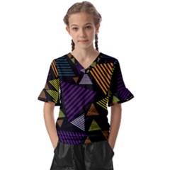 Abstract Pattern Design Various Striped Triangles Decoration Kids  V-neck Horn Sleeve Blouse by Bangk1t