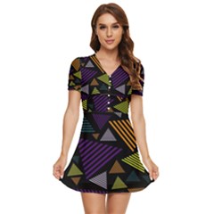 Abstract Pattern Design Various Striped Triangles Decoration V-neck High Waist Chiffon Mini Dress by Bangk1t