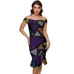 Abstract Pattern Design Various Striped Triangles Decoration Off Shoulder Ruffle Split Hem Bodycon Dress by Bangk1t