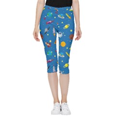 Space Rocket Solar System Pattern Inside Out Lightweight Velour Capri Leggings  by Bangk1t