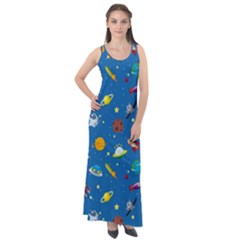 Space Rocket Solar System Pattern Sleeveless Velour Maxi Dress by Bangk1t