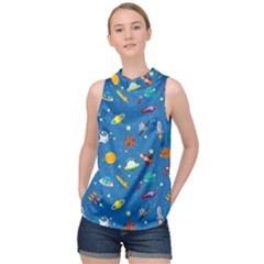 Space Rocket Solar System Pattern High Neck Satin Top by Bangk1t