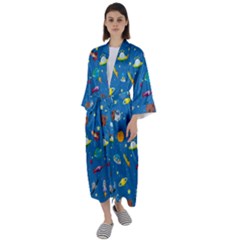 Space Rocket Solar System Pattern Maxi Satin Kimono by Bangk1t