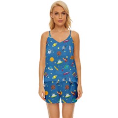 Space Rocket Solar System Pattern V-neck Satin Pajamas Set by Bangk1t