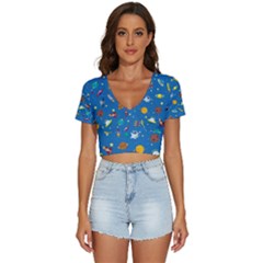 Space Rocket Solar System Pattern V-neck Crop Top by Bangk1t