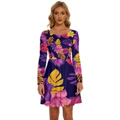 Tropical Pattern Long Sleeve Wide Neck Velvet Dress by Bangk1t