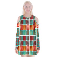 Bricks Abstract Seamless Pattern Velvet Long Sleeve Shoulder Cutout Dress by Bangk1t