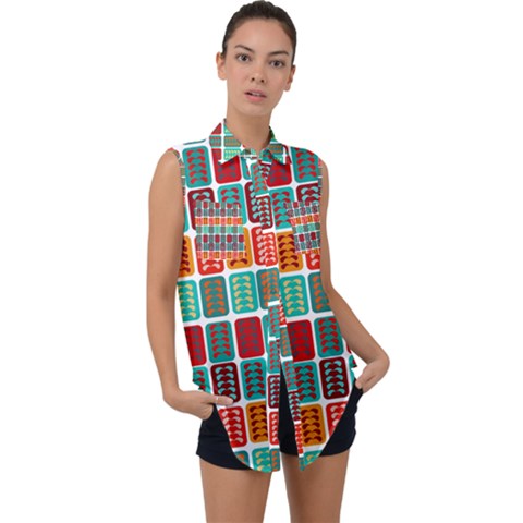 Bricks Abstract Seamless Pattern Sleeveless Chiffon Button Shirt by Bangk1t