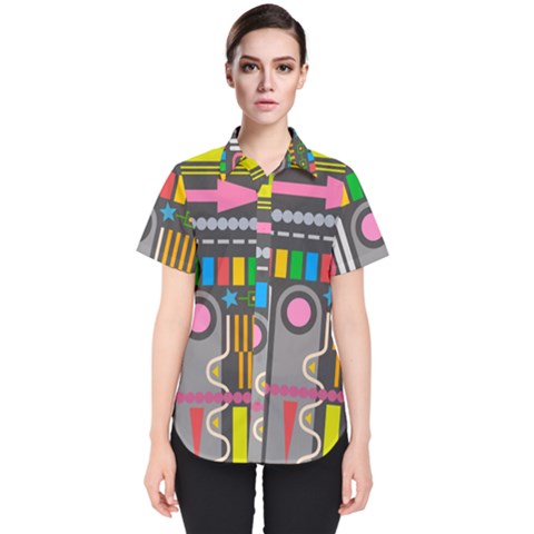 Pattern Geometric Abstract Colorful Arrow Line Circle Triangle Women s Short Sleeve Shirt by Bangk1t