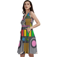 Pattern Geometric Abstract Colorful Arrow Line Circle Triangle Sleeveless V-neck Skater Dress With Pockets