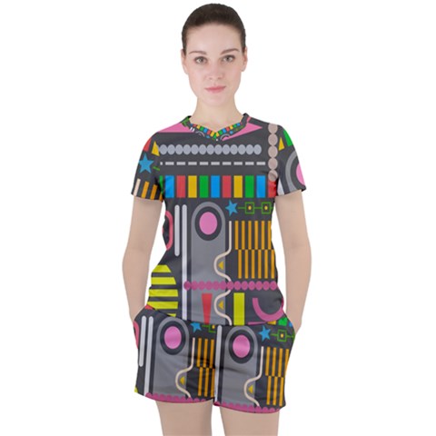 Pattern Geometric Abstract Colorful Arrow Line Circle Triangle Women s Tee And Shorts Set by Bangk1t