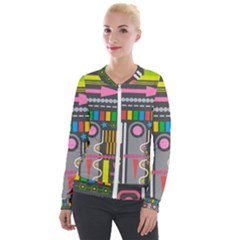 Pattern Geometric Abstract Colorful Arrow Line Circle Triangle Velvet Zip Up Jacket by Bangk1t