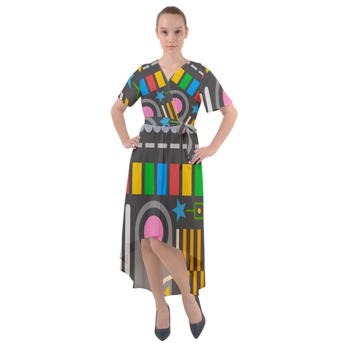 Pattern Geometric Abstract Colorful Arrow Line Circle Triangle Front Wrap High Low Dress