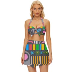 Pattern Geometric Abstract Colorful Arrow Line Circle Triangle Vintage Style Bikini Top And Skirt Set  by Bangk1t