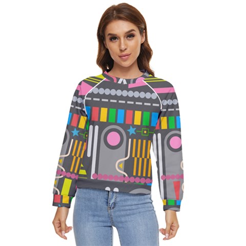 Pattern Geometric Abstract Colorful Arrow Line Circle Triangle Women s Long Sleeve Raglan Tee by Bangk1t