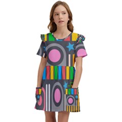 Pattern Geometric Abstract Colorful Arrow Line Circle Triangle Kids  Frilly Sleeves Pocket Dress by Bangk1t