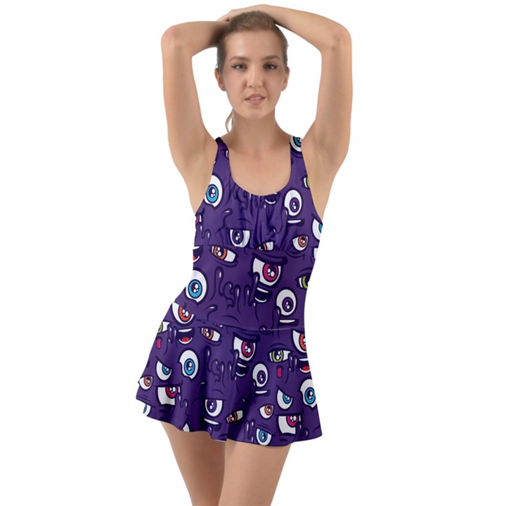 Eye Artwork Decor Eyes Pattern Purple Form Backgrounds Illustration Ruffle Top Dress Swimsuit