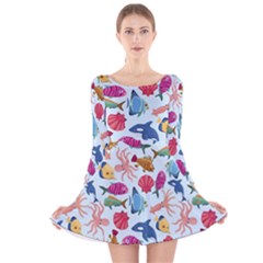 Sea Creature Themed Artwork Underwater Background Pictures Long Sleeve Velvet Skater Dress by Bangk1t