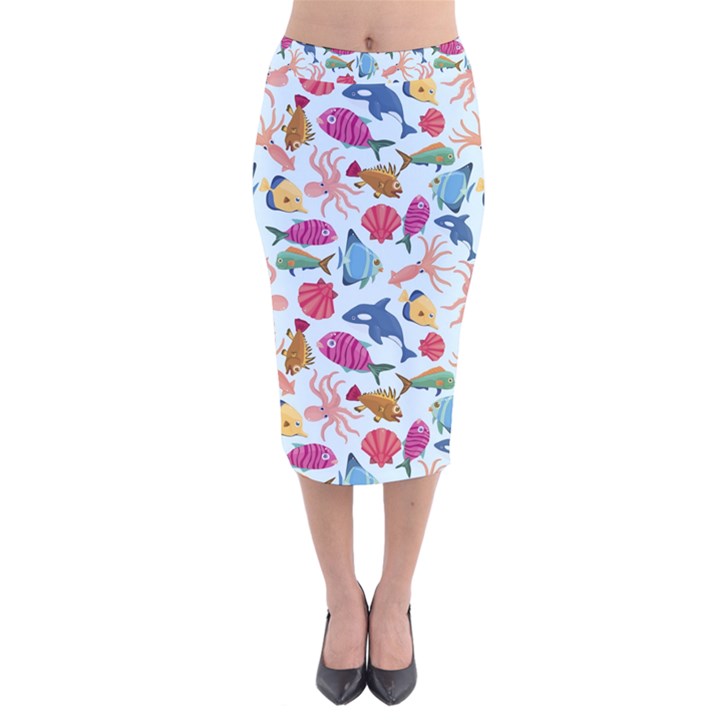 Sea Creature Themed Artwork Underwater Background Pictures Velvet Midi Pencil Skirt