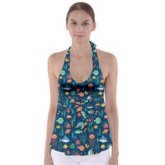 Variety Of Fish Illustration Turtle Jellyfish Art Texture Babydoll Tankini Top by Bangk1t