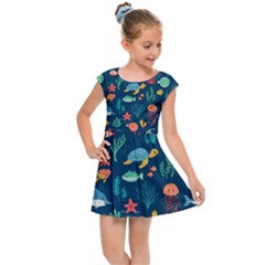 Variety Of Fish Illustration Turtle Jellyfish Art Texture Kids  Cap Sleeve Dress by Bangk1t