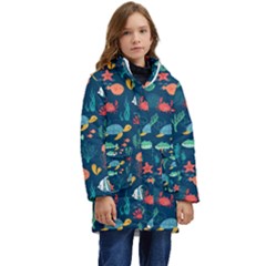 Variety Of Fish Illustration Turtle Jellyfish Art Texture Kids  Hooded Longline Puffer Jacket by Bangk1t