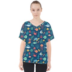 Variety Of Fish Illustration Turtle Jellyfish Art Texture V-neck Dolman Drape Top by Bangk1t