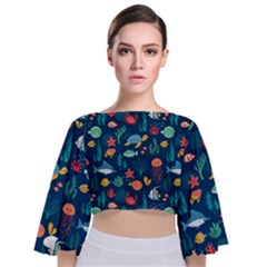 Variety Of Fish Illustration Turtle Jellyfish Art Texture Tie Back Butterfly Sleeve Chiffon Top by Bangk1t