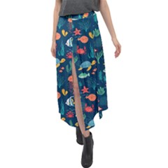 Variety Of Fish Illustration Turtle Jellyfish Art Texture Velour Split Maxi Skirt by Bangk1t