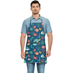 Variety Of Fish Illustration Turtle Jellyfish Art Texture Kitchen Apron by Bangk1t