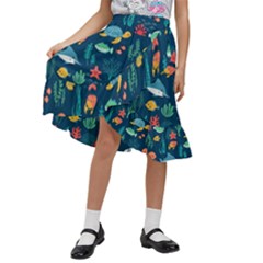 Variety Of Fish Illustration Turtle Jellyfish Art Texture Kids  Ruffle Flared Wrap Midi Skirt by Bangk1t