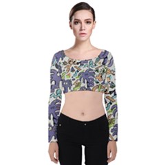 Purple Orange Green Blue Cartoon Velvet Long Sleeve Crop Top by Bangk1t