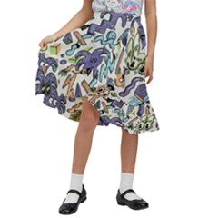 Purple Orange Green Blue Cartoon Kids  Ruffle Flared Wrap Midi Skirt