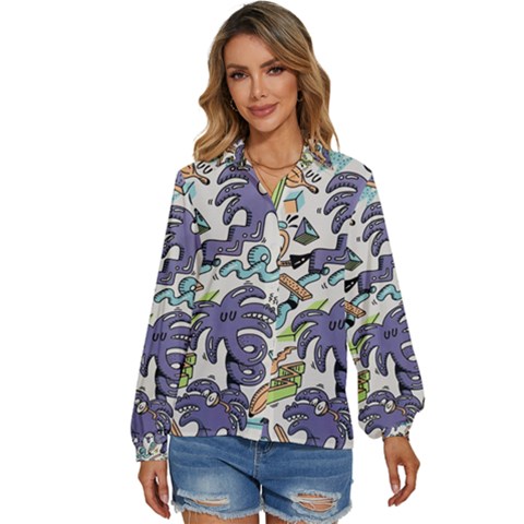 Purple Orange Green Blue Cartoon Women s Long Sleeve Button Up Shirt by Bangk1t