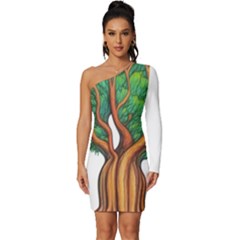 Tree Design Long Sleeve One Shoulder Mini Dress