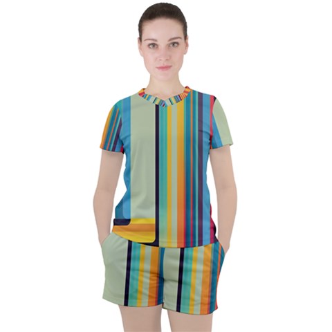 Colorful Rainbow Striped Pattern Stripes Background Women s Tee And Shorts Set by Bangk1t