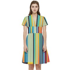 Colorful Rainbow Striped Pattern Stripes Background Short Sleeve Waist Detail Dress by Bangk1t