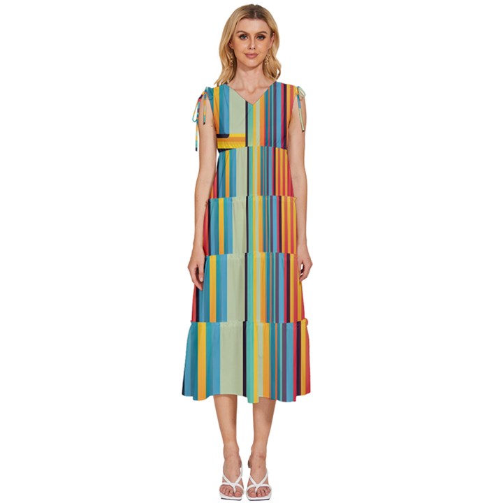 Colorful Rainbow Striped Pattern Stripes Background V-Neck Drawstring Shoulder Sleeveless Maxi Dress