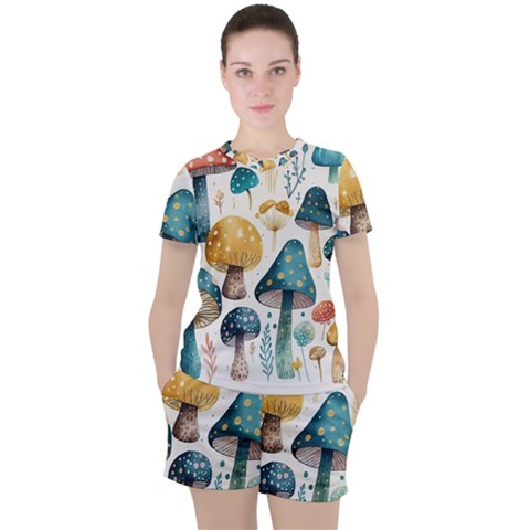 Mushroom Forest Fantasy Flower Nature Women s Tee And Shorts Set by Bangk1t