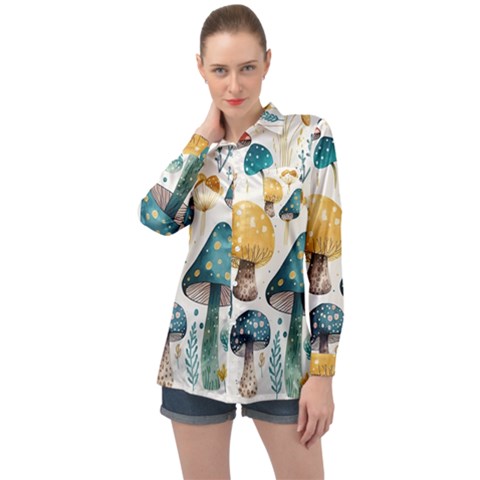 Mushroom Forest Fantasy Flower Nature Long Sleeve Satin Shirt by Bangk1t