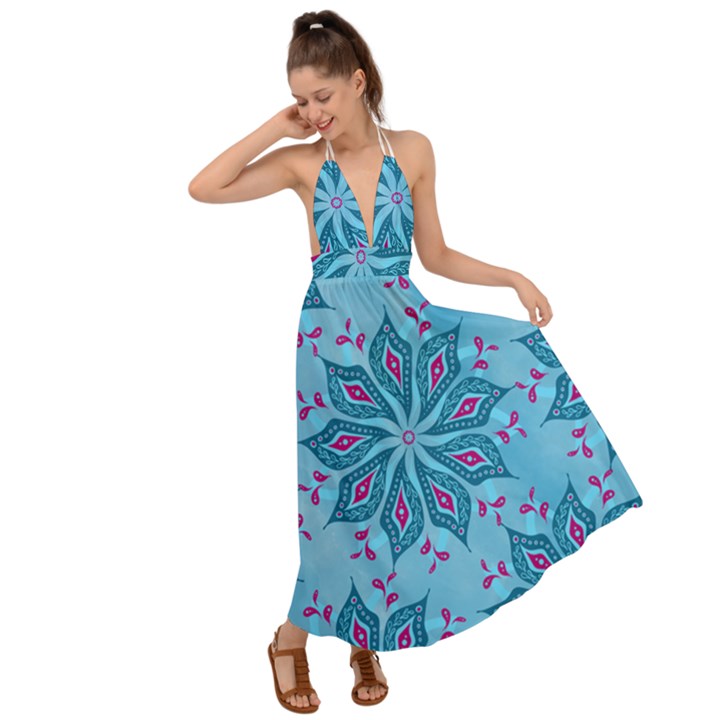 Flower Template Mandala Nature Blue Sketch Drawing Backless Maxi Beach Dress