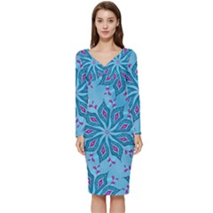 Flower Template Mandala Nature Blue Sketch Drawing Long Sleeve V-neck Bodycon Dress  by Bangk1t